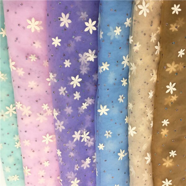 HG6377 100% Polyester Multicolor 3D Flower Tulle Roll Fabric With Glitter