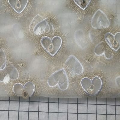 HG1122 Tulle Lace Fabric Heart Design Feather Sequins Embroidery
