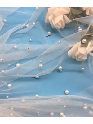 HG6718 100% polyester fancy white pearl embroidered net tulle lace beaded wedding dress fabric