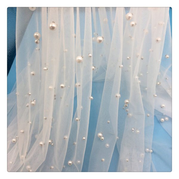 HG6718 100% polyester fancy white pearl embroidered net tulle lace beaded wedding dress fabric