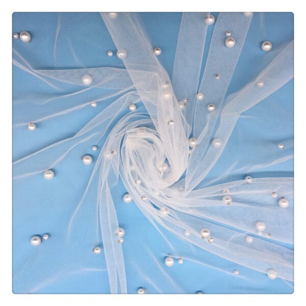HG6718 100% polyester fancy white pearl embroidered net tulle lace beaded wedding dress fabric
