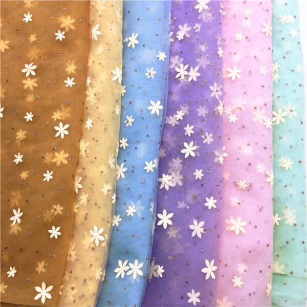 HG6377 100% Polyester Multicolor 3D Flower Tulle Roll Fabric With Glitter