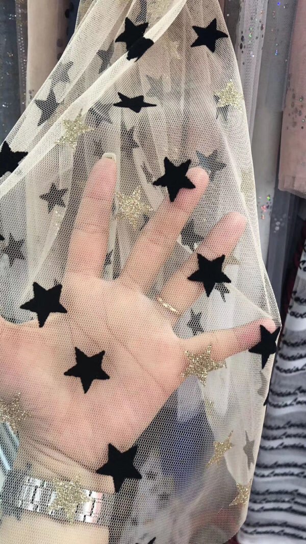 Hg6106 Polyester Tulle Glitter Gold Flocked Black Star Mesh Fabric