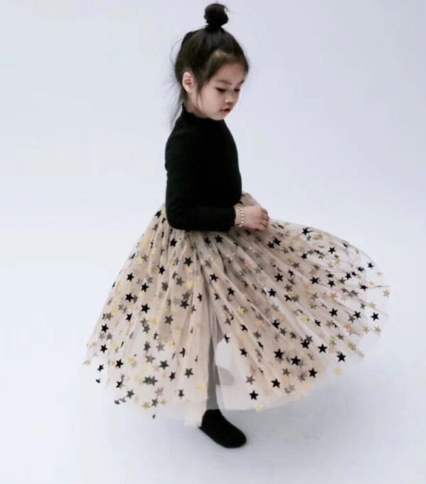 Hg6106 Polyester Tulle Glitter Gold Flocked Black Star Mesh Fabric