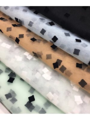 HG6102 Polyester Tulle Flocked Black Diamond Mesh Fabric For Garment