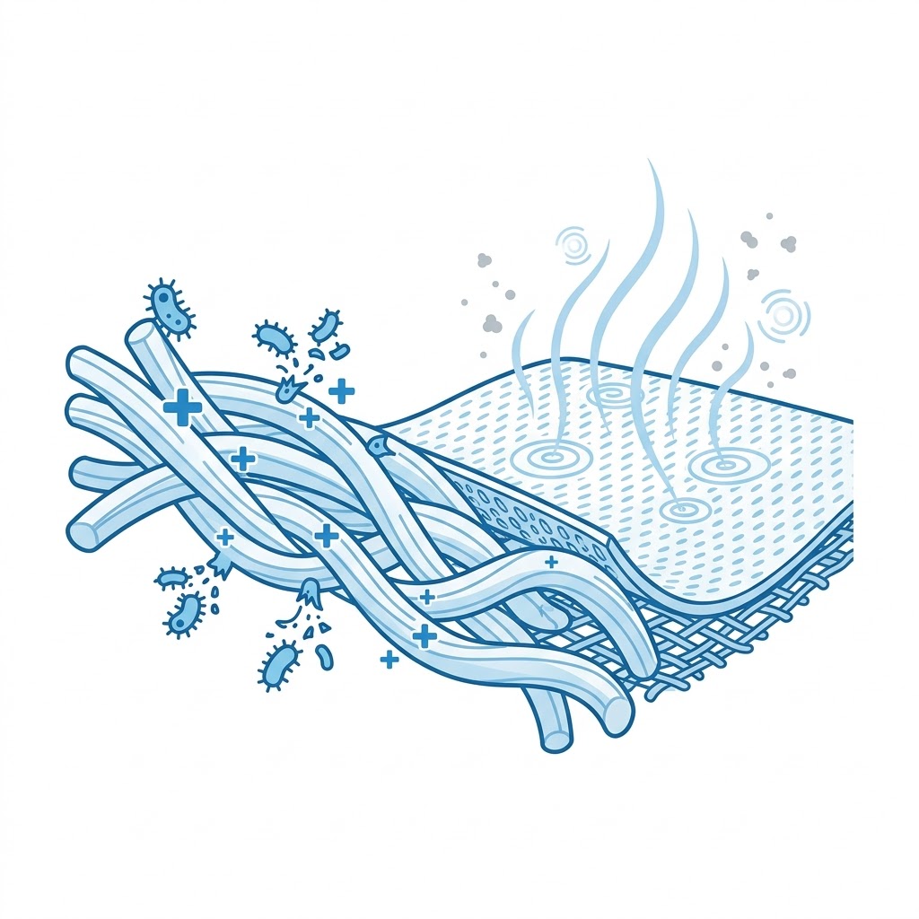 Cross-section diagram illustrating the antibacterial and odor-repelling properties of treated technical athletic fabric fibers, showing bacteria neutralization and air purification