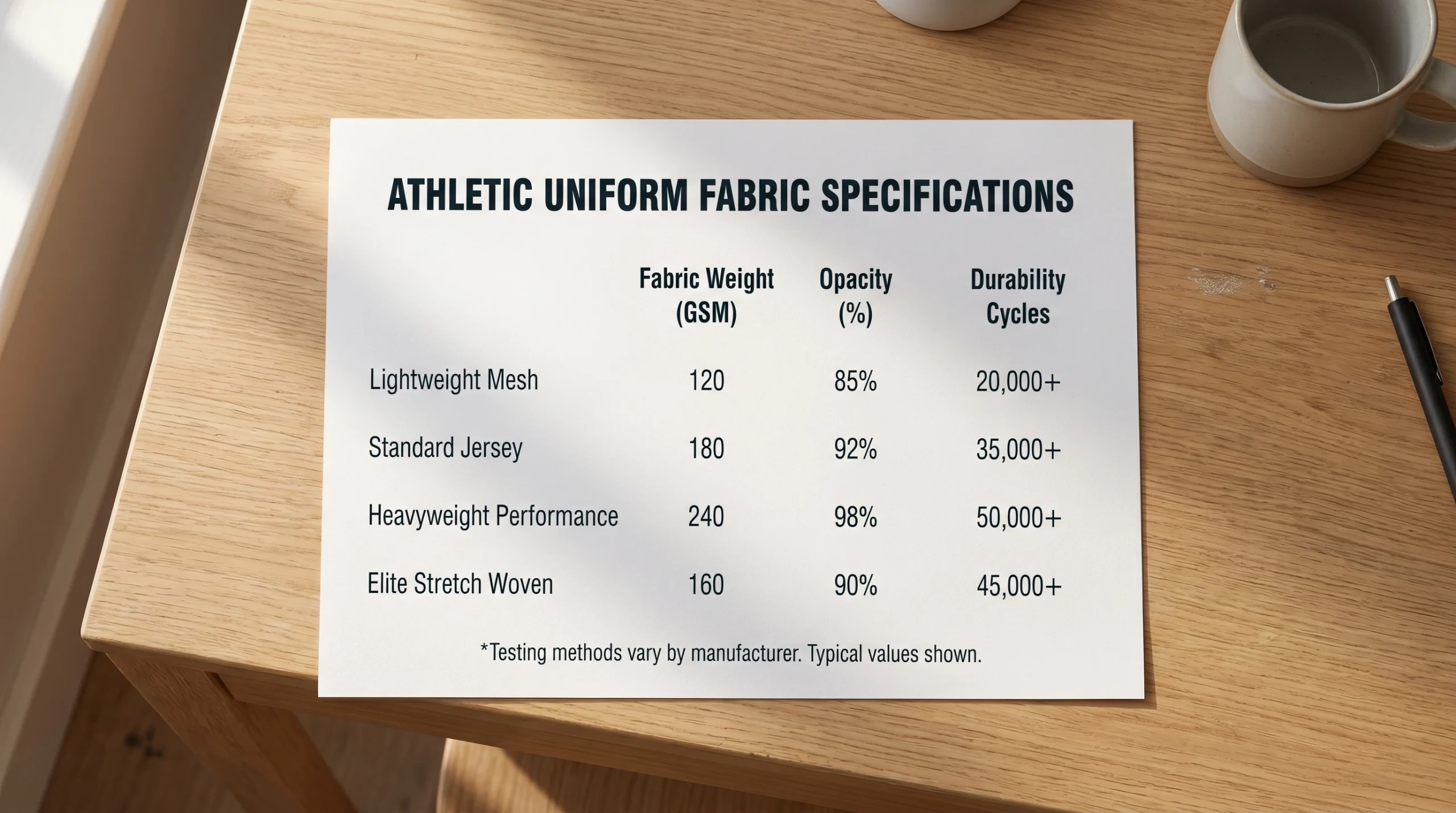 Athletic fabric specification comparison chart