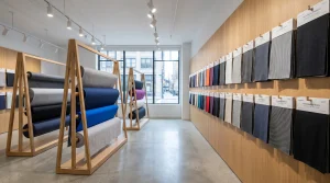 B2B athletic fabric showroom with curated fabric rolls