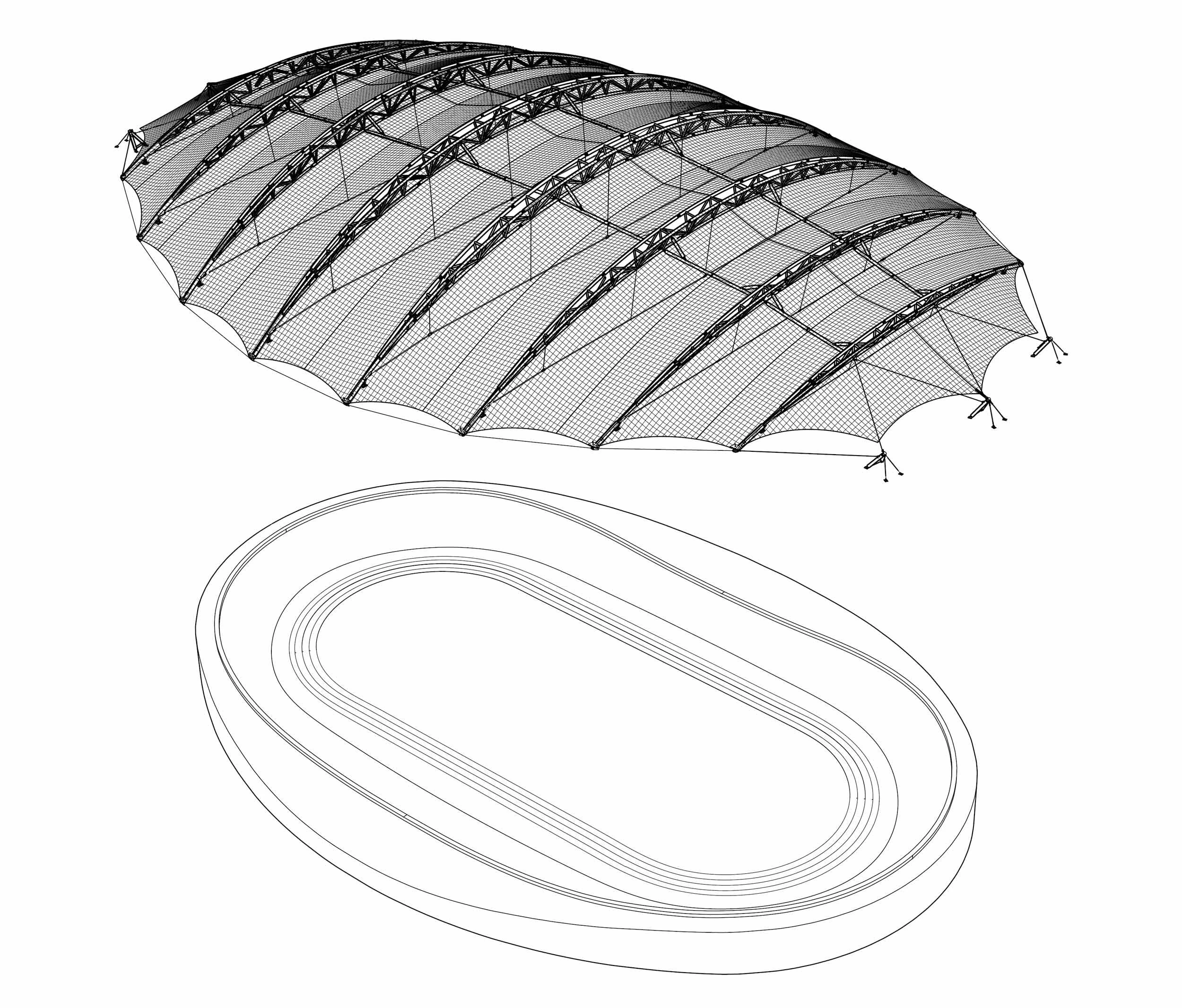 Structural diagram of a fabric sports arena roof