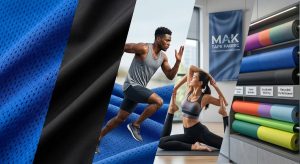 A professional horizontal banner titled 'What Fabric is Best for Sportswear? A Simple Guide' by MAK TAPE FABRIC. The image shows diverse athletes (a runner, yoga practitioner, and soccer player) next to textured fabric samples and a retail display of labeled performance textiles (Polyester Mesh, Nylon Spandex, Recycled Performance). Includes the company logo and website URL