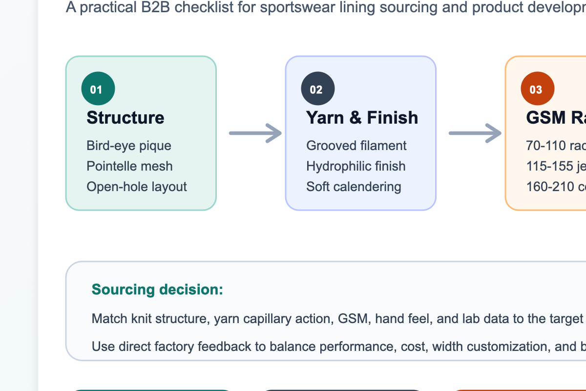 Selection flow for moisture-wicking mesh lining fabric structure, yarn, GSM and testing