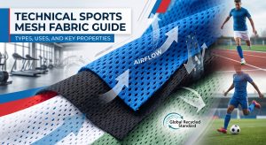 A detailed macro photograph showing various layered technical sports mesh fabric swatches, highlighting the open-pore structure, integrated ventilation graphics, and subtle technical callouts on breathability and flexibility for high-performance athletic apparel.