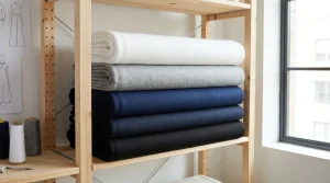 Premium fabric bolts display in a textile showroom