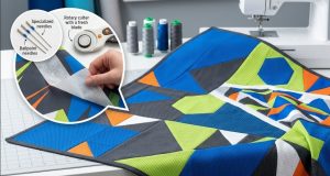 A dynamic photographic featured image showing a modern quilt made from stabilized technical sports fabrics, featuring various knit textures like mesh and pique, with elements suggesting stabilization and precise cutting.