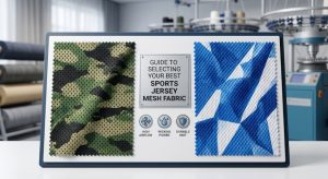 A professional B2B product showcase board displaying two distinct sublimated swatches of Birdseye mesh and Double Knit sports jersey mesh fabric with vivid custom camouflage and geometric patterns. illustrative icons highlight high airflow, wicking power, and durable knit features, aiding in technical selection for team uniforms.