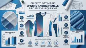 A detailed photorealistic B2B comparison infographic displaying technical sports fabric panels laid flat on a minimalist industrial design workspace, highlighting textures of birdseye mesh and pique knit, airflow and wicking charts, and sublimation printing data for custom activewear design.