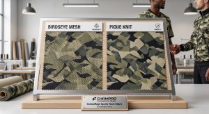A B2B product photography featuring samples of Birdseye Mesh and Pique Knit camouflage sports team fabrics. The Birdseye sample on the left shows its porous texture with a modern tactical camouflage print, while the Pique knit sample on the right shows its structured wicking grid texture with the same print. Labels above indicate "BIRDSEYE MESH" and "PIQUE KNIT". A central plaque shows "Champro Sublimation Ready" and "Camouflage Sports Team Fabric" by Makitape Fabric.