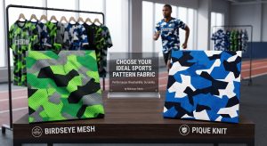 A photorealistic product selection display showing two distinct samples of sports pattern fabric. The left is lightweight, breathable Birdseye mesh with a micro-pore texture and a geometric camo pattern. The right is structured, durable Pique knit with a raised grid texture and an identical pattern. Both are suitable for athletic sublimation, presented on a display with background context of finished jerseys and a running track, emphasizing performance selection.