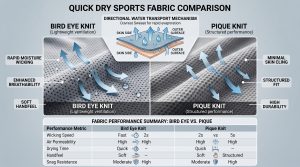 A photorealistic infographic comparing two types of quick dry sports fabric: Bird Eye Knit and Pique Knit. The split image shows detailed close-ups of each fabric texture with labels and arrows demonstrating moisture wicking. A central diagram explains directional water transport from skin side to outer surface. A table at the bottom compares performance metrics like wicking speed, airflow, and durability for both bird eye and pique structures. Perfect for choosing activewear materials.