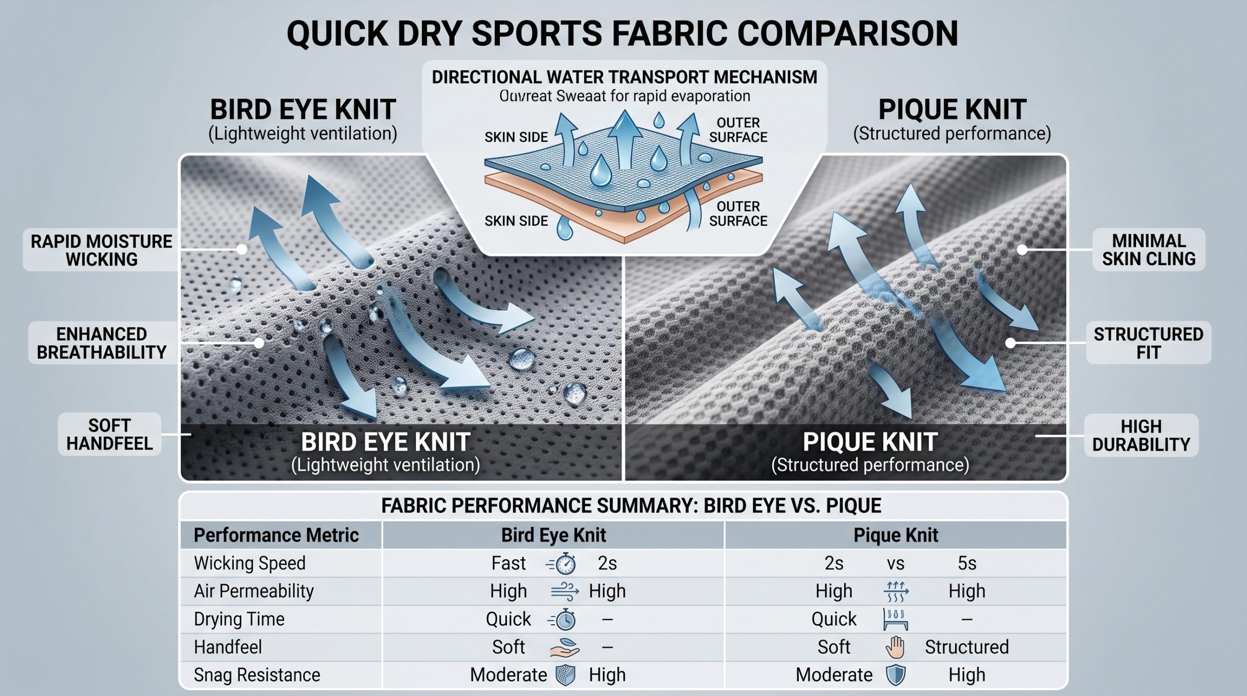 A photorealistic infographic comparing two types of quick dry sports fabric: Bird Eye Knit and Pique Knit. The split image shows detailed close-ups of each fabric texture with labels and arrows demonstrating moisture wicking. A central diagram explains directional water transport from skin side to outer surface. A table at the bottom compares performance metrics like wicking speed, airflow, and durability for both bird eye and pique structures. Perfect for choosing activewear materials.