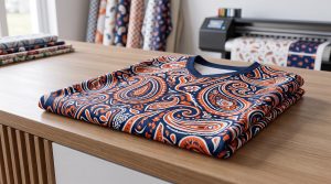 A close-up of a custom performance athletic jersey made from paisley sports team fabric, featuring a vibrant navy blue, orange, and white paisley pattern with visible knit textile texture.