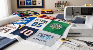 A detailed photo of a custom sports T-shirt quilt under construction, featuring various athletic jersey panels with logos, numbers, and runner's text being sewn with a professional machine.