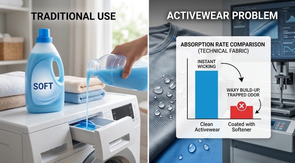 A conceptual photorealistic featured image illustrating the damage caused by fabric softener on sports clothes. A bottle of "SOFT" softener is poured on the left next to towels. The right side features Birdseye and Pique activewear with water beading, and is overlaid with a bar chart showing a clean shirt wicking moisture vs. a coated shirt with low absorption labeled "WAXY BUILD-UP, TRAPPED ODOR" with a red 'X'.
