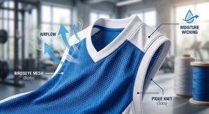 A custom athletic team jersey made from dynamic jersey mesh polyester sports fabric. The jersey shows Birdseye mesh on the body and Pique knit on the trim, illustrating moisture wicking and airflow with subtle icons and labels in an active gym setting.