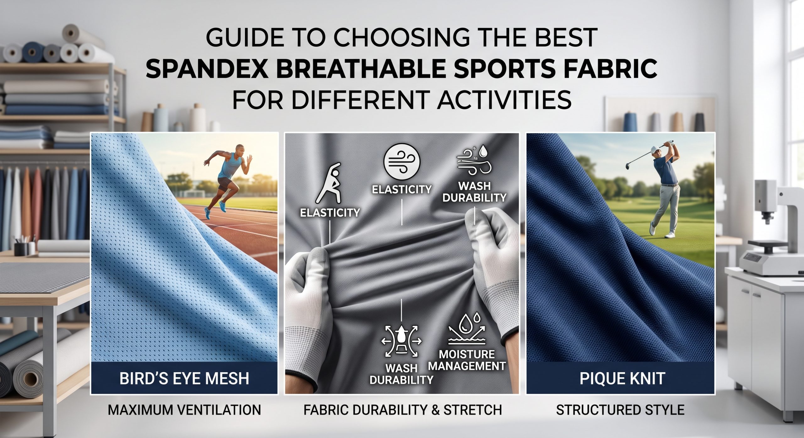 A featured image guide for selecting spandex breathable sports fabric, comparing stretched textures of bird's eye mesh for running and pique knit for golf, with performance icons for elasticity, moisture-wicking, and durability.