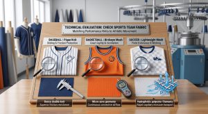 A photorealistic technical evaluation in a textile studio visualizes matching check sports team fabric structures dense pique knit micro-pore birdseye mesh and ultra-light moisture-wicking polyester to baseball basketball or soccer uniform requirements for durability sliding protection court ventilation or rapid wicking. Labels magnifying loupes prototypes and data graphics illustrate this technical selection process for athletic apparel manufacturing factories and institutional procurement buyers.