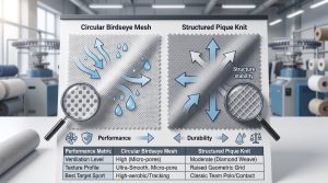 A B2B technical guide image contrasting Circular Birdseye Mesh and Structured Pique Knit fabric for sports clothes. Magnified loupes show microscopic circular pores versus structured diamond grids. Illustrative airflow arrows and durability graphics guide selection based on breathability, hand-feel, and active performance needs for athletic apparel manufacturing factories and institutional procurement buyers. Includes technical data matrix comparison. No BADWORDS.