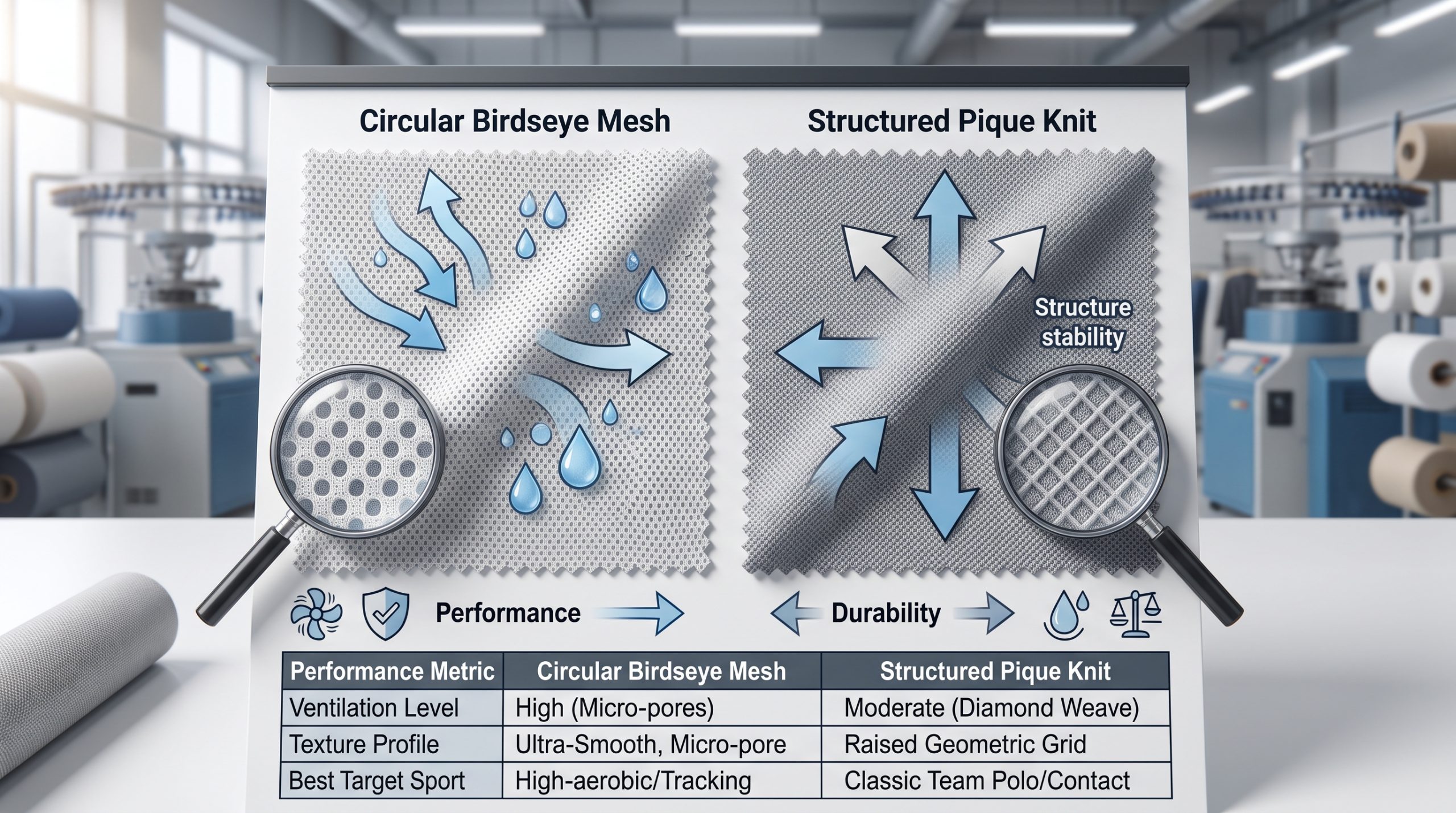 A B2B technical guide image contrasting Circular Birdseye Mesh and Structured Pique Knit fabric for sports clothes. Magnified loupes show microscopic circular pores versus structured diamond grids. Illustrative airflow arrows and durability graphics guide selection based on breathability, hand-feel, and active performance needs for athletic apparel manufacturing factories and institutional procurement buyers. Includes technical data matrix comparison. No BADWORDS.