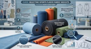 A visual guide comparing various sports fleece fabric types, including midweight and heavyweight swatches labeled with GSM, with icons indicating performance features like thermal retention, moisture management, and anti-pill finish for different athletic applications.