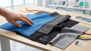 A dynamic photorealistic composition showcasing diverse high-performance sports clothing fabric textures, including moisture-wicking blue birdseye mesh, textured grey pique knit, compression interlock, and performance fleece. A technician's hand lightly touches a swatch to highlight tactile quality, with integrated line art icons symbolizing breathability, durability, anti-chafing, and thermal regulation.