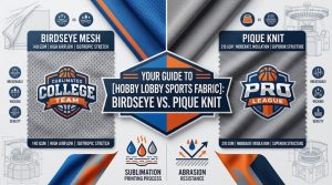A detailed photorealistic flat lay comparison graphic of Birdseye mesh and Pique knit Hobby Lobby sports fabrics, showing different textures, GSM weights, and sublimated college and pro team logos as part of a buying guide.