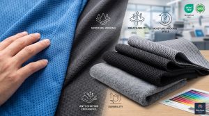 A dynamic photorealistic collage showcasing innovative high-performance sports textiles, including blue geometric birdseye mesh, textured grey pique mesh, and flexible compression interlock knit, dynamically arranged with minimalist performance icons and an official spectral color chart to illustrate structural attributes.