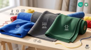 A photorealistic collage of different high-performance sports team fleece fabric textures, including breathable blue microfleece, flexible charcoal grey anti-pill fleece, and durable double-knit green fleece, illustrating key performance attributes with symbolic icons on a technical background.