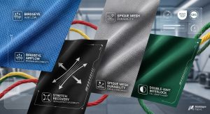 A dynamic photorealistic composition illustrating various high-performance sports themed fabric textures, including breathable birdseye mesh, flexible jersey knit, durable pique mesh, and opaque double-knit interlock, each with symbolic icons illustrating key technical attributes.