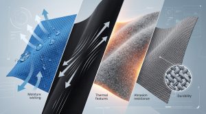 A dynamic photorealistic collage of various high-performance sports wear fabric textures, including moisture-wicking mesh, stretch spandex, thermal fleece, and durable nylon, illustrating key attributes like breathability and compression.