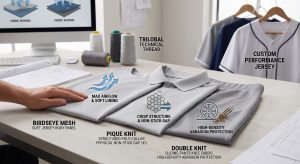 A detailed photorealistic photo comparing three technical baseball fabrics—Birdseye mesh, Pique knit, and Double Knit—on a sportswear design workbench. Swatches are layered and labeled, showcasing Birdseye mesh for soft airflow lining, Pique knit for non-stick structure, and Double Knit for high-density sliding protection on pant knees, with dynamic airflow and abrasion test wheel icons. Spools of thread and customized jerseys are visible in the background.