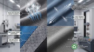 A photorealistic, detailed close-up of diverse high-performance activewear fabric swatches integrated into a technical sportswear visual. It compares properties like moisture wicking micro-channels, breathable mesh apertures, high-compression spandex blends for squat-proof opacity, and recycled polyester filaments, summarizing technical specifications from the article. Professional studio lighting highlights textile textures and dynamic performance callouts.