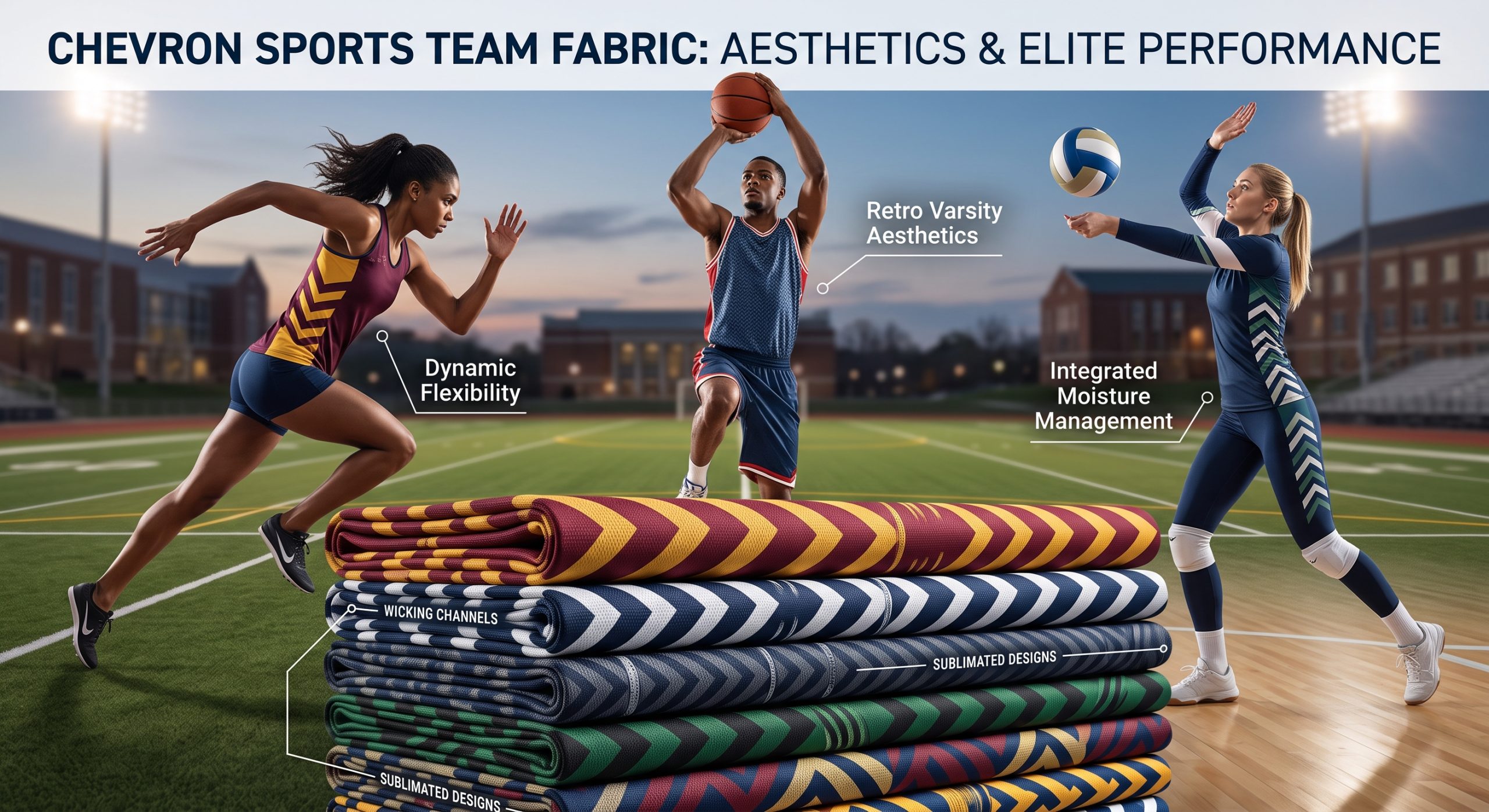 A modern photographic collage of college-level athletes from running, basketball, and volleyball, wearing customized dynamic uniforms featuring dynamic chevron patterns, integrated performance icons, callouts highlighting flexible knit technology and wicking channels, and close-up stacks of athletic chevron fabric rolls.