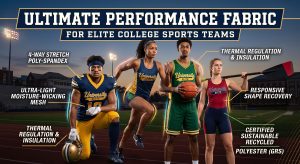 A dynamic composite image of diverse college athletes in a stadium, with text callouts highlighting various technical features of high-performance college sports team fabrics, such as moisture-wicking mesh, thermal regulation, and recycled polyester.