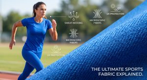 A composite featured image showing an athlete running on the left and a close-up texture of blue moisture-wicking microfiber fabric for sports on the right, with technical overlays.