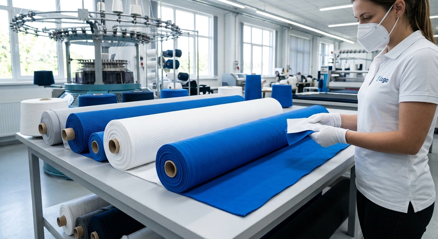 A photorealistic photograph showcasing bolts of premium sports fleece fabric by the yard on a clean factory inspection table, displaying distinct geometric micro-grid and smooth technical structures.