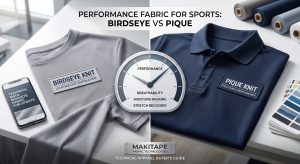 A high-resolution professional photograph comparing two types of performance fabric for sports: Birdseye knit with a fine diamond pattern on the left and Pique knit with a raised honeycomb texture on the right. It features technical labels and a performance metric graphic.