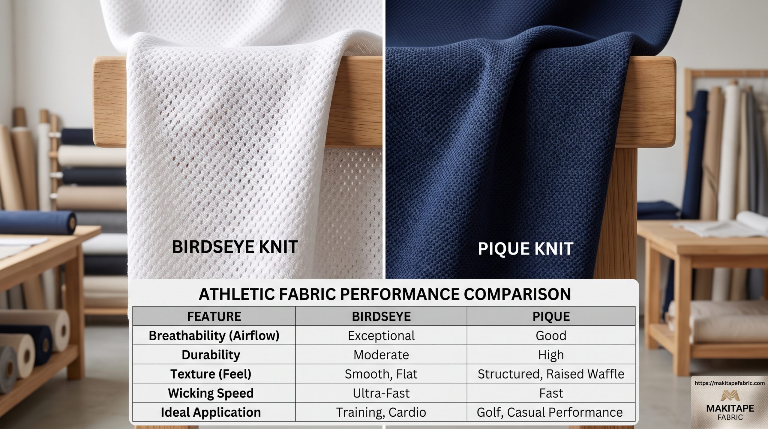 A detailed photorealistic close-up of birdseye and pique knit fabric samples, shown alongside a comprehensive comparative performance chart analyzing their suitability for sports clothing.