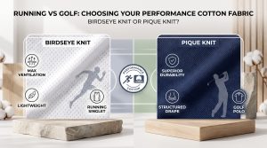 A photorealistic visual comparison of performance sports theme cotton fabric, contrasting the light white birdseye knit (open diamond texture) for running and the durable navy pique knit (structured honeycomb texture) for golf polos.