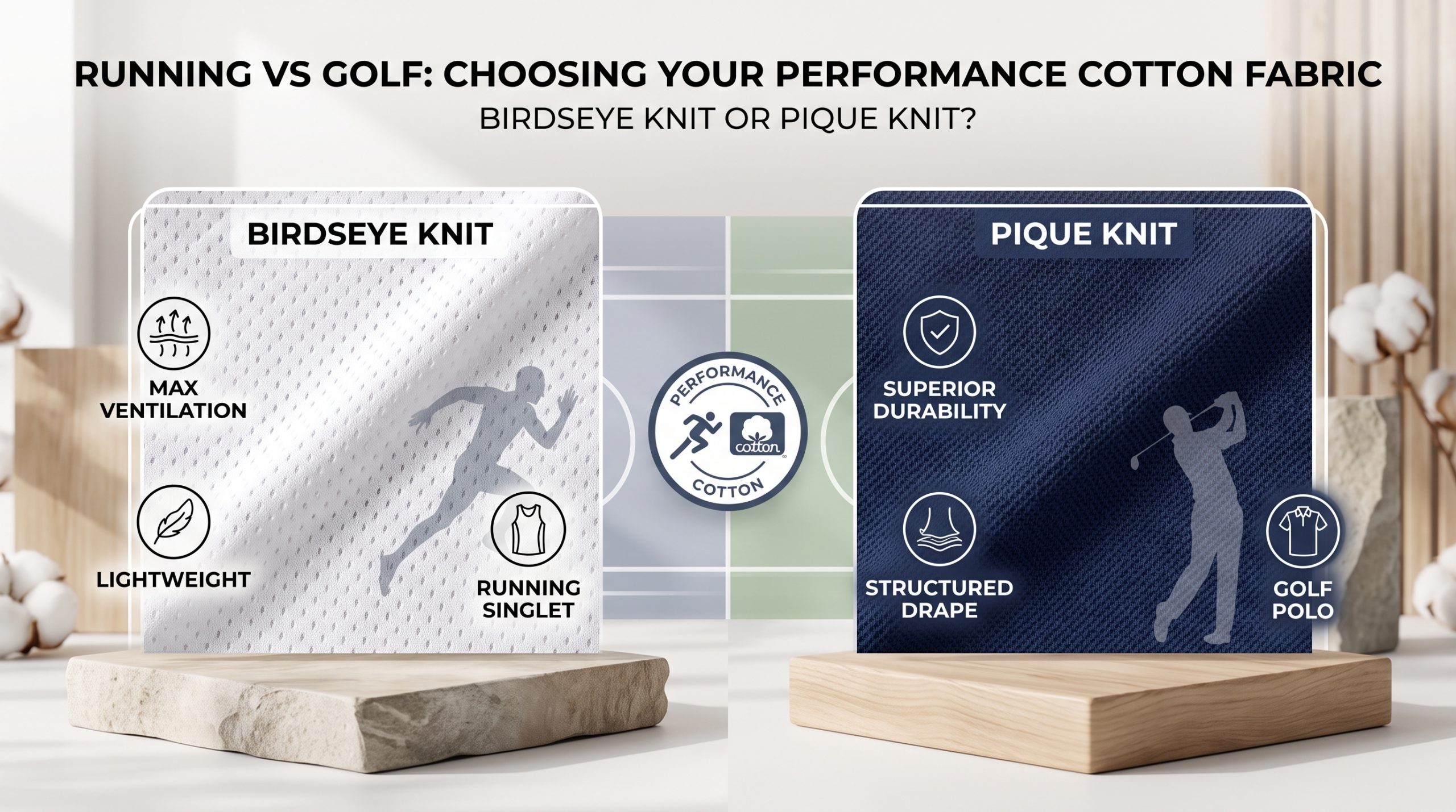 A photorealistic visual comparison of performance sports theme cotton fabric, contrasting the light white birdseye knit (open diamond texture) for running and the durable navy pique knit (structured honeycomb texture) for golf polos.