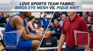 A featured image comparing Micro Bird's Eye Mesh and Classic Piqué Knit, labeled 'Love Sports Team Fabric'. It shows a basketball player's smooth mesh jersey and a coach's textured piqué polo, explaining their performance differences for team apparel sourcing.
